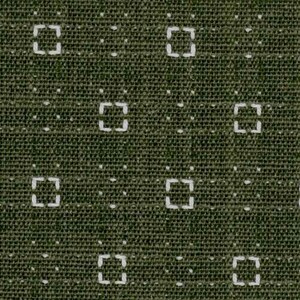 May include: A dark olive green fabric featuring a repeating geometric pattern of white embroidered squares. Each square is composed of four small dashes, interspersed with single white dots arranged in a grid across the textured textile surface.