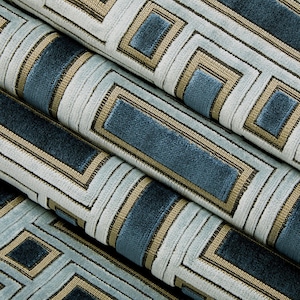 Dark Blue Velvet Upholstery Fabric for Furniture - Light Blue Geometric Velvet Fabric - Fretwork Velvet Fabric - Metallic Fabric - SP 1220