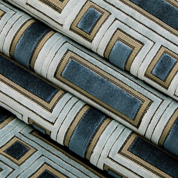 Dark Blue Velvet Upholstery Fabric for Furniture - Light Blue Geometric Velvet Fabric - Fretwork Velvet Fabric - Metallic Fabric - SP 1220