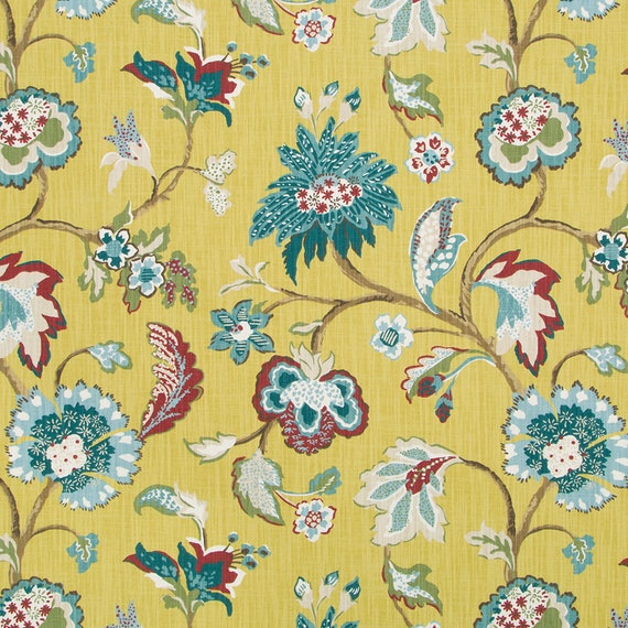 Teal Red Upholstery Fabric Modern Gold Teal Floral Curtains Etsy