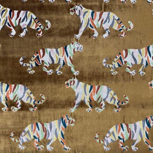 Velvet Upholstery Fabric - Bronze Velvet Fabric with Tigers - Multicolored Velvet Upholstery Fabric for Sofas + Chairs - SP 196