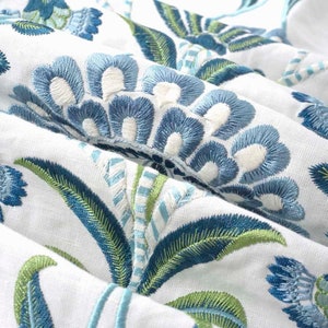 Blue Floral Embroidered Designer Fabric for Curtains and Roman Shades - Large Scale Crewel Drapery Fabric - Blue Green Fabric - SP 641