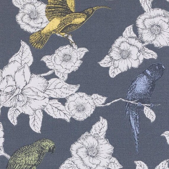 Grey Bird Upholstery Fabric Yellow Grey Bird Curtains Etsy