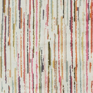 May include: A textile fabric featuring a cream-colored background with a vertical pattern of thin, irregular, and textured stripes in various colors including hot pink, orange, olive green, light blue, dark purple, and charcoal gray throughout.