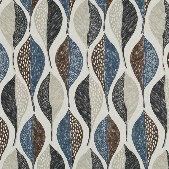 Modern Blue Brown Upholstery Fabric Modern Blue Leaf Etsy