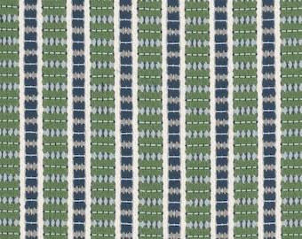 May include: A woven fabric featuring a repeating vertical striped pattern. The design consists of alternating bands of dark navy blue, forest green, and light gray, separated by thin, crisp white vertical lines throughout the textile.