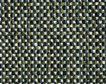 May include: A close-up view of a woven fabric featuring a textured grid pattern. The material consists of alternating vertical and horizontal threads in deep forest green, charcoal black, and off-white, creating a dense, uniform checkerboard appearance.