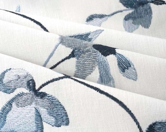 Navy Blue Embroidered Fabric by the Yard - Multicolored Embroidered Curtain and Roman Shade Fabric -  Crewel Fabric for Pillows - SP 130
