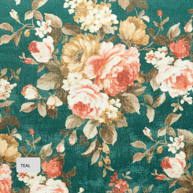 Teal Floral Velvet Upholstery Fabric Coral Teal Printed Etsy
