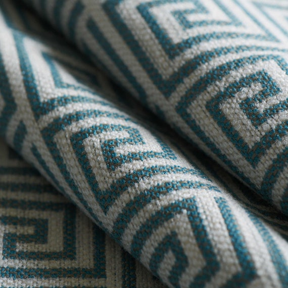 Teal Greek Key Upholstery Fabric Stain and Water Resistant Fabric