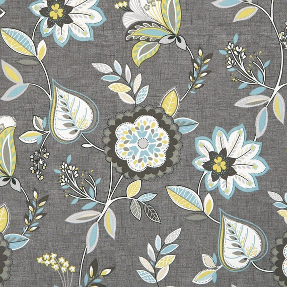 Aqua Grey Floral Upholstery Fabric Yellow Grey Floral Cotton Etsy