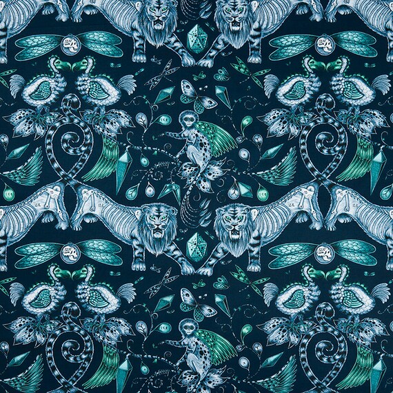 Navy Blue Green Upholstery Fabric Dark Blue Emerald Green Fabric With Lions Exotic Animal Fabric Custom Navy Blue Green Animal Pillows