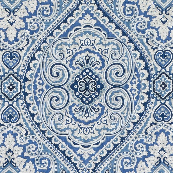 Navy Blue Medallion Upholstery Fabric Navy White Paisley Etsy