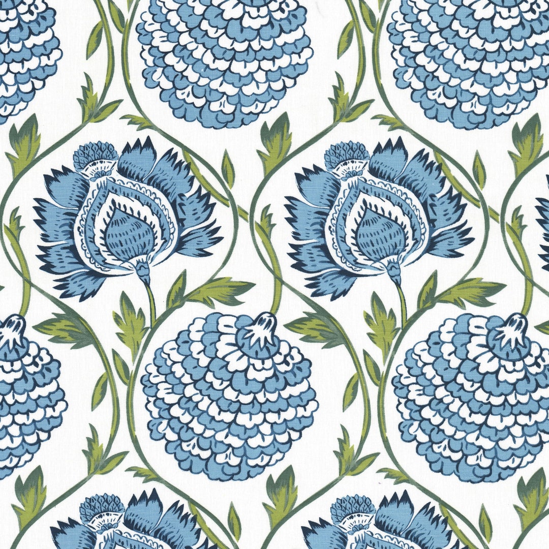 Blue Floral Fabric for Drapery and Roman Shades Olive Green and Blue