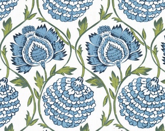 Blue Floral Fabric for Drapery and Roman Shades - Olive Green and Blue Floral Linen Fabric - Olive Green Pillow Fabric - SP 3432