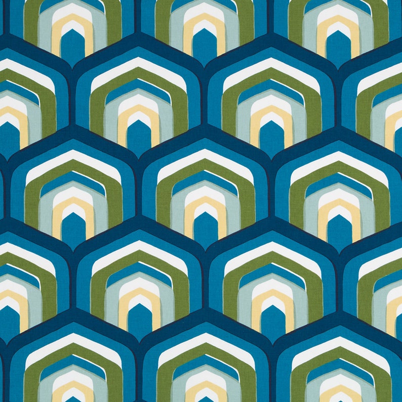 Peacock Blue Geometric Upholstery Fabric Contemporary Blue Etsy