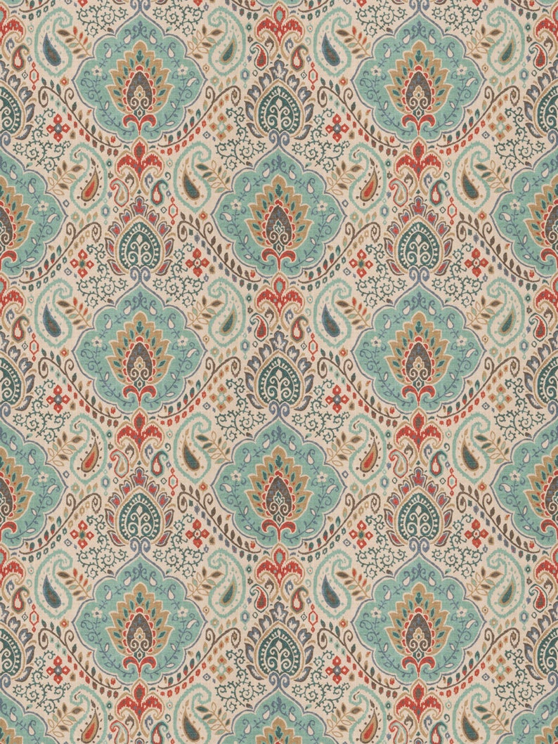 Teal Red Paisley Upholstery Fabric by the Yard Teal Red Grey | Etsy