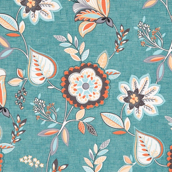 Teal Orange Floral Upholstery Fabric Light Blue Floral Etsy