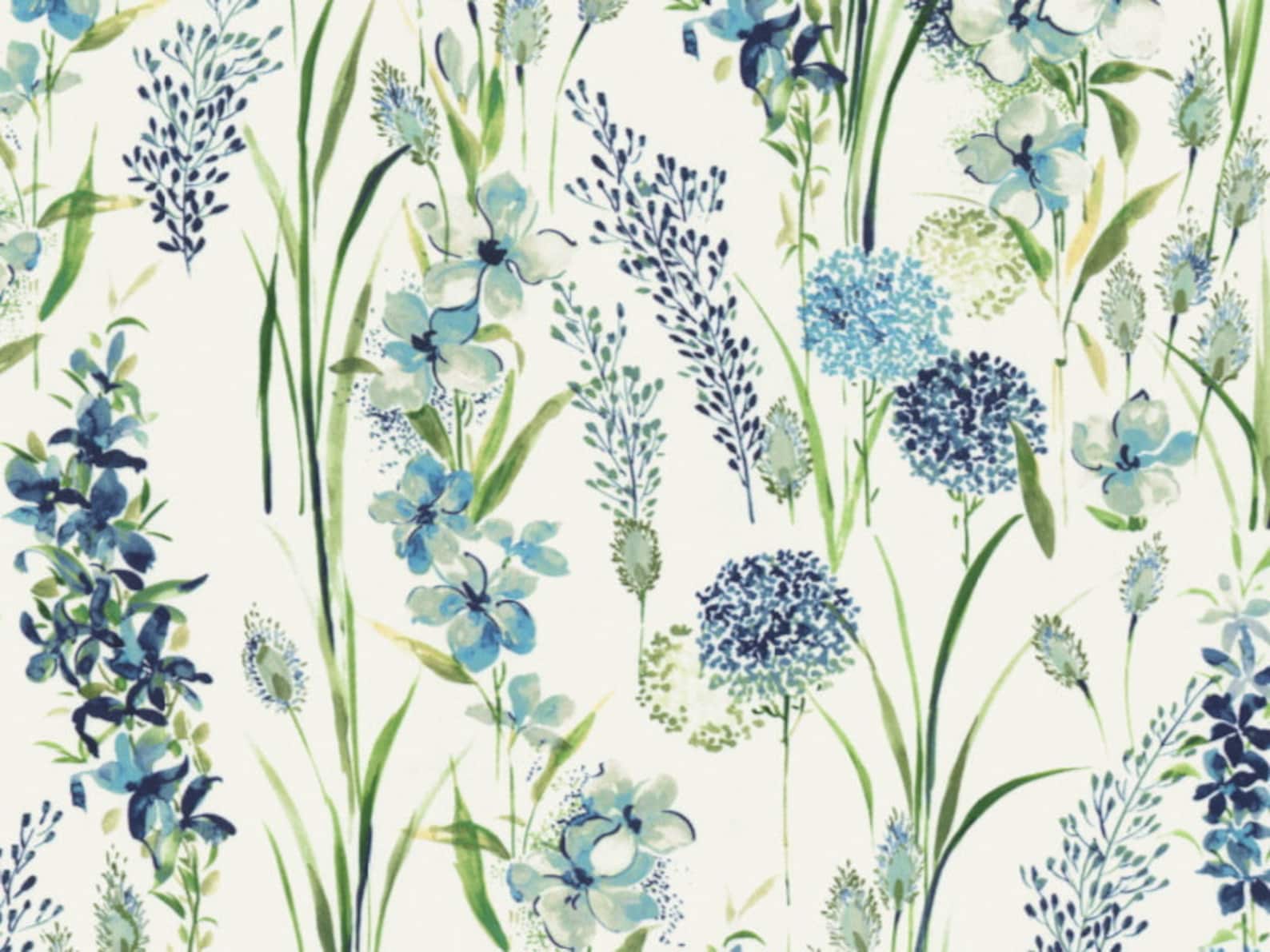Blue Green Floral Upholstery Fabric Blue Floral Cotton Etsy