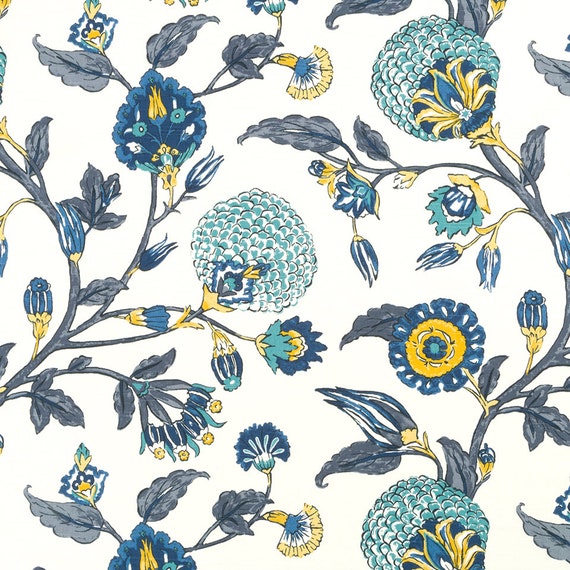 Navy Blue Yellow Floral Upholstery Fabric Custom Navy Blue Etsy