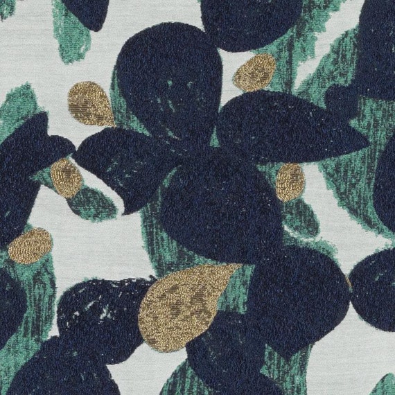 Modern Navy Blue Gold Upholstery Fabric Contemporary Teal Etsy