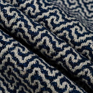 Navy Blue Upholstery Fabric - Stain Resistant Dark Blue Fabric for Furniture - Blue Fretwork Upholstery Fabric - Cleanable Fabric -  SP 927