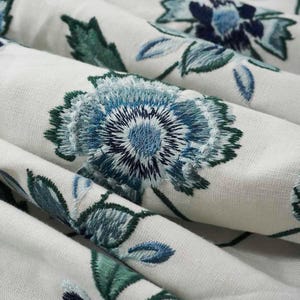 Embroidered Floral Linen Cotton Fabric: Blue Green Crewel Drapery Fabric - SP 461