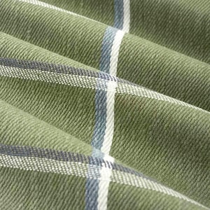 May include: Green fabric with a white, blue, and green plaid pattern.