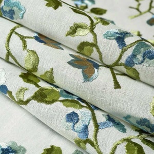 Embroidered Floral Fabric for Drapery Roman Shades and Pillows - Chartreuse Floral Fabric for Curtains - Blue Green Floral Fabric - SP 936