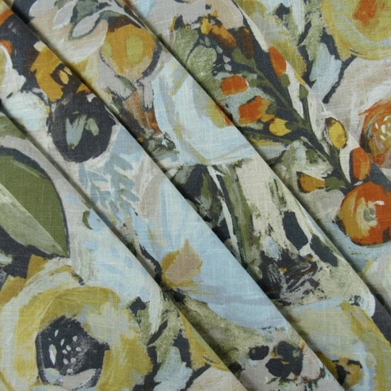 Blue Orange Floral Upholstery and Drapery Fabric Light Blue Floral Linen Curtain Fabric Contemporary Multicolor Floral Fabric SP 1206 Etsy UK