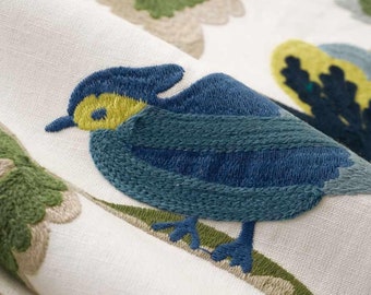 Blue Yellow Fabric - Multicolored Embroidered Fabric for Curtains and Roman Shades - Embroidered Fabric with Birds for Pillows - SP 394