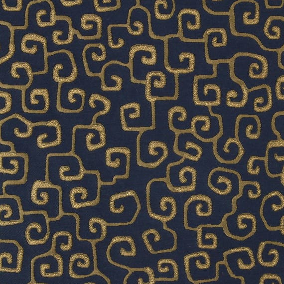 Navy Blue and Gold Upholstery Fabric by the Yard Metallic Etsy