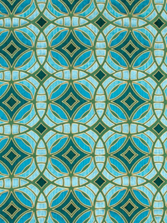Geometric Teal Embroidered Upholstery Fabric Aqua Silk Etsy