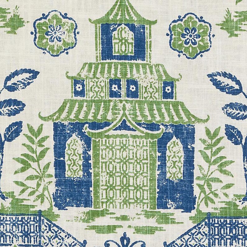 Blue Green Toile Curtains Blue Toile Upholstery Fabric Etsy
