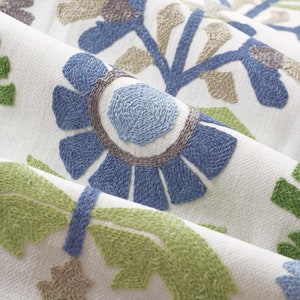 Blue Green Embroidered Fabric for Pillows and Drapery - Multicolored Floral Fabric for Light Furniture Upholstery - SP 140