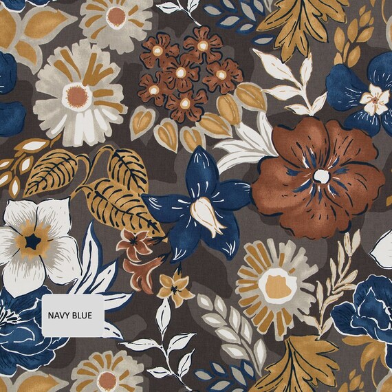 Navy Blue Floral Upholstery Fabric Copper Navy Upholstery Etsy