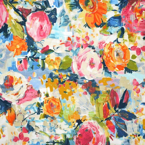 Contemporary Floral Print Fabric in Blue / Beige / Pink / Red / Yellow |  Upholstery / Drapery | Medium Weight | 54 Wide | By the Yard | Brakenbar  in