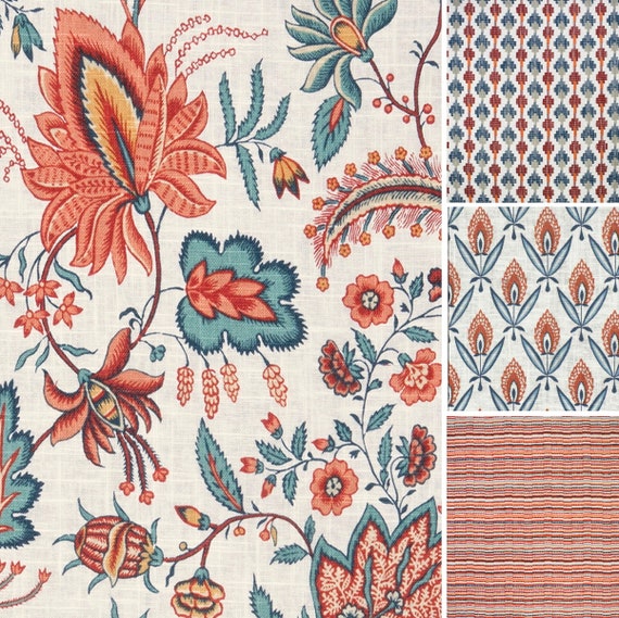 Coral Teal Floral Upholstery Drapery Fabric Coral Navy Blue Etsy