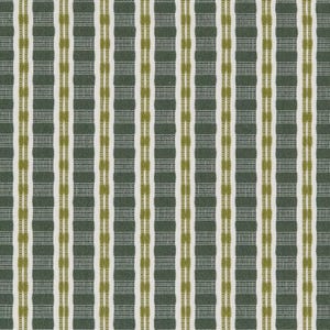 May include: A close-up of a fabric with a repeating vertical pattern. The pattern features alternating stripes of dark green, white, and olive green. The fabric has a textured appearance, with a woven or textured design. The overall aesthetic is simple and geometric.