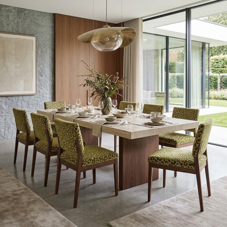 May include: A rectangular dining table with a light-colored stone top and a dark wood base, surrounded by six chairs featuring dark wood frames and green leopard-print fabric upholstery. A large glass and brass pendant light hangs above.