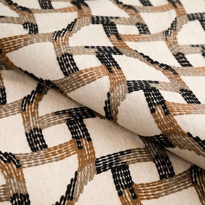 Black Geometric Upholstery Fabric for Furniture - Black Caramel Brown Embroidered Fabric for Drapery and Roman Shades - SP 563