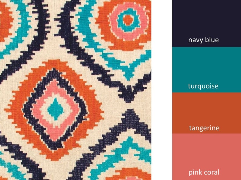 Navy Blue Orange Upholstery Fabric Embroidered Medium Scale Etsy