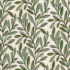 Olive Green Embroidered Fabric with Leaves - Multicolored Embroidered Fabric for Curtains and Pillows - Blue Green Fabric - SP 629