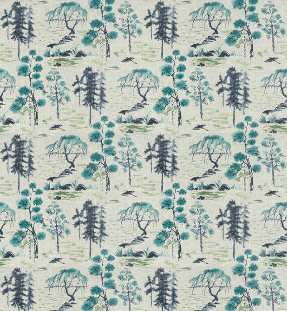 Aqua Blue Asian Upholstery Fabric Aqua Toile Curtains And Etsy