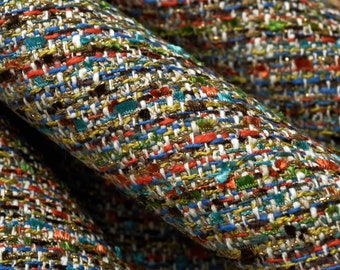 Multicolored Tweed Upholstery Fabric - Blue Orange Small Scale Woven Fabric for Furniture Upholstery - Teal Aqua Metallic Fabric - SP 143