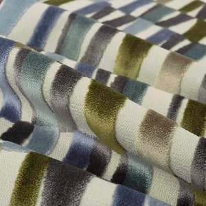 Olive Green Velvet Upholstery Fabric - Multicolored Velvet for Furniture Upholstery and Pillows - Abstract Blue Velvet Fabric - SP 945