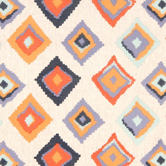 Orange Navy Blue Embroidered Geometric Linen Upholstery Fabric Etsy