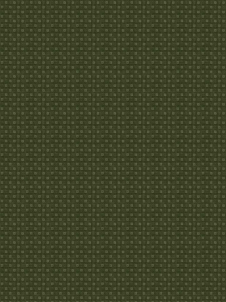 May include: A dark olive green fabric featuring a repeating geometric pattern of small, light-colored squares arranged in a grid. The texture appears woven, with a consistent, dense arrangement of tiny, precise shapes across the entire surface.