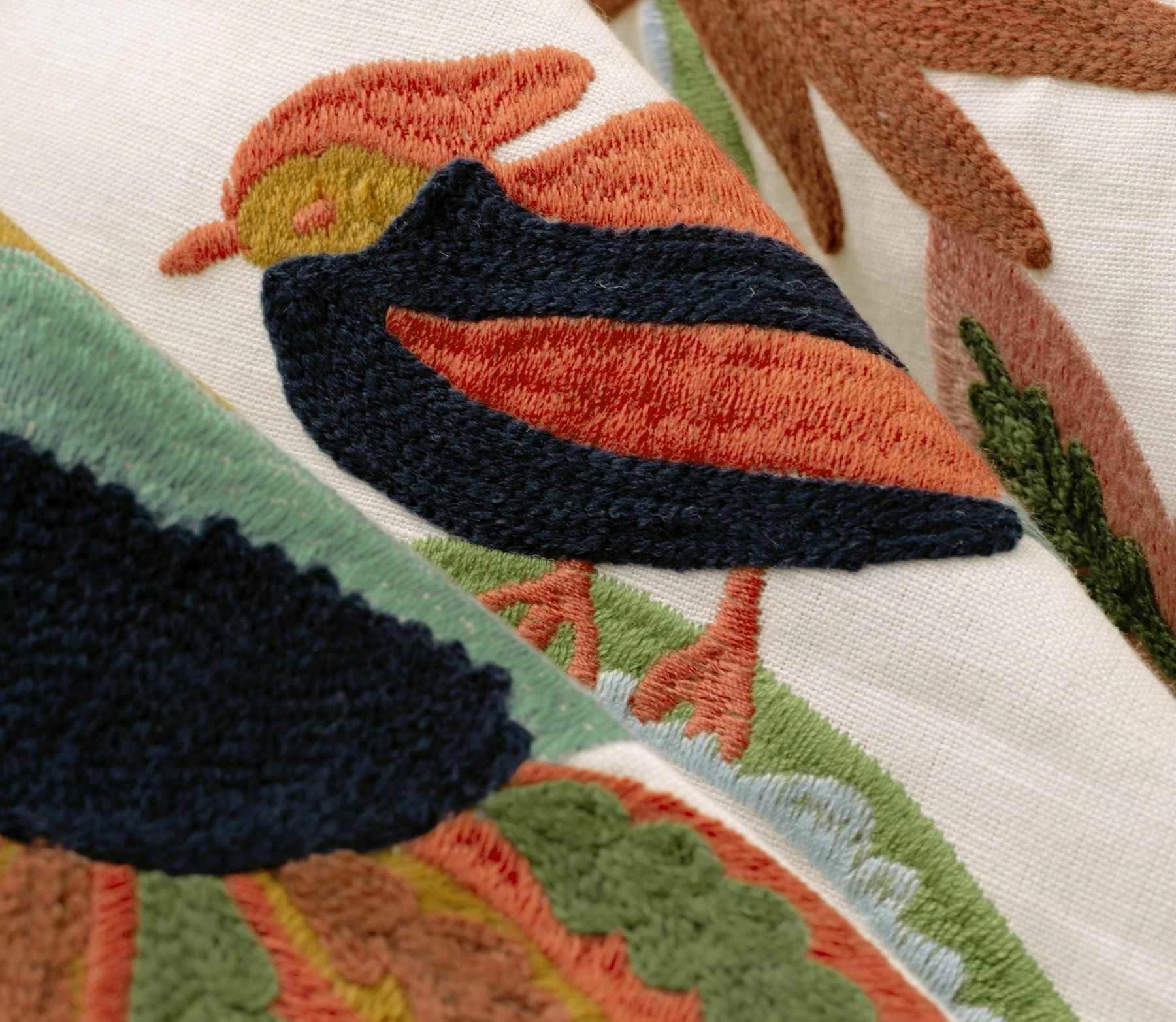 Blue Orange Fabric - Multicolored Embroidered Fabric for Curtains and Roman Shades - Embroidered Fabric with Birds for Pillows - SP 117