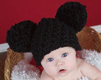 Baby hat 18 colors giant pom pom hospital hat for Mickey Mouse inspired coming home outfit Disney photo prop girl & boy shower gift black
